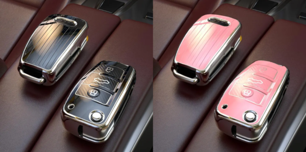 1 Premium Audi Key Fob Case – Glossy Black or Pink with Chrome Edge – Protective Shell for Smart Key – Fits Select Audi Models