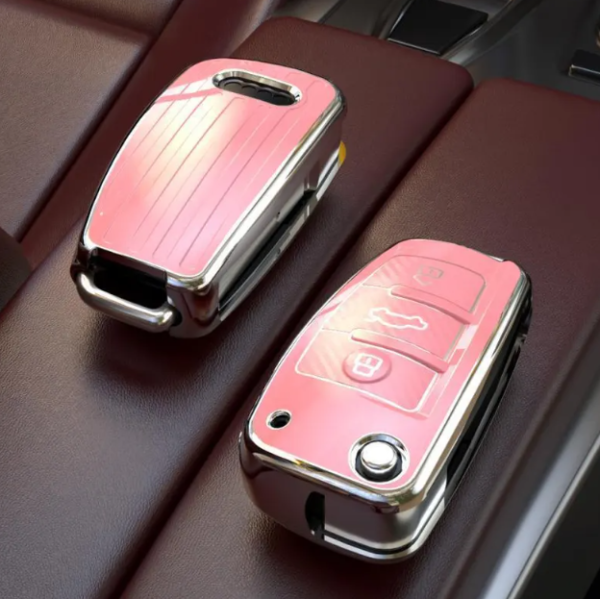 3 Premium Audi Key Fob Case – Glossy Black or Pink with Chrome Edge – Protective Shell for Smart Key – Fits Select Audi Models