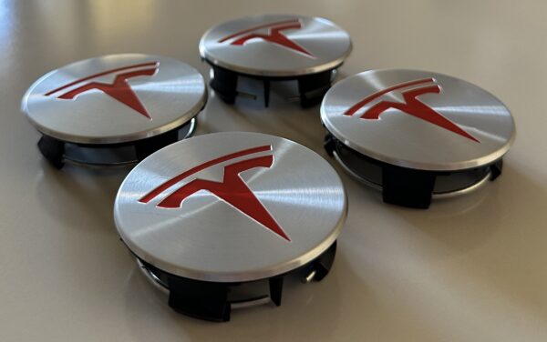 4 pcs (Set) 58mm - 2.28inch Silver & Red Tesla Wheel Center Hub Caps