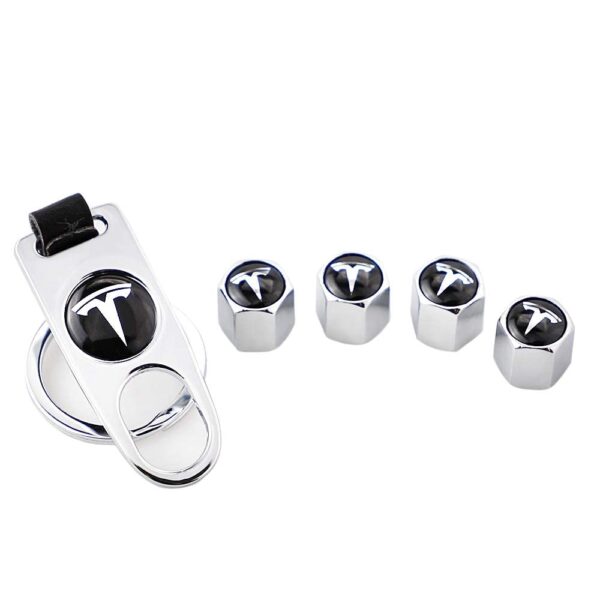 original.jpeg 4 pcs (Set) Tesla Silver Wheel Tire Valve Stem Caps + Wrench Keychain for Tesla Model X S 3 Y
