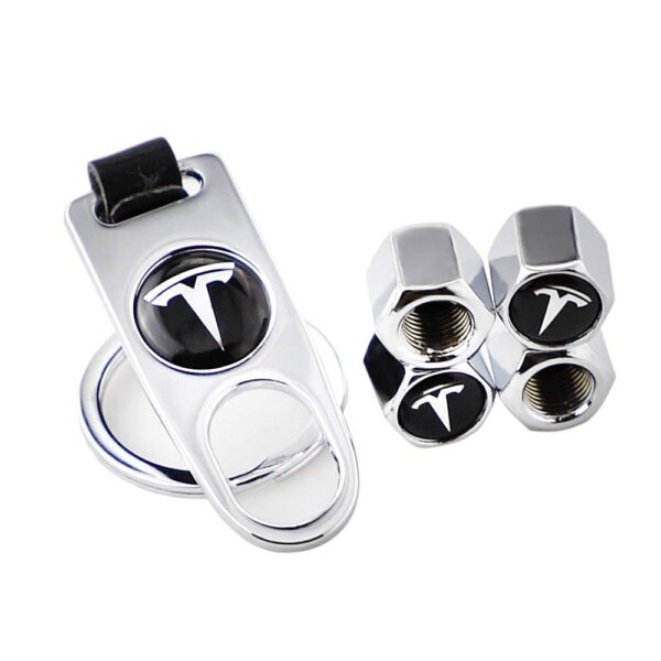 original.jpeg 4 pcs (Set) Tesla Silver Wheel Tire Valve Stem Caps + Wrench Keychain for Tesla Model X S 3 Y