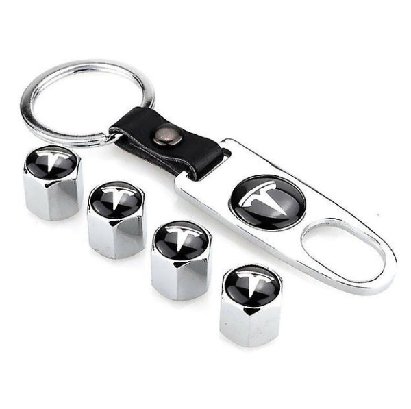 original.png 4 pcs (Set) Tesla Silver Wheel Tire Valve Stem Caps + Wrench Keychain for Tesla Model X S 3 Y