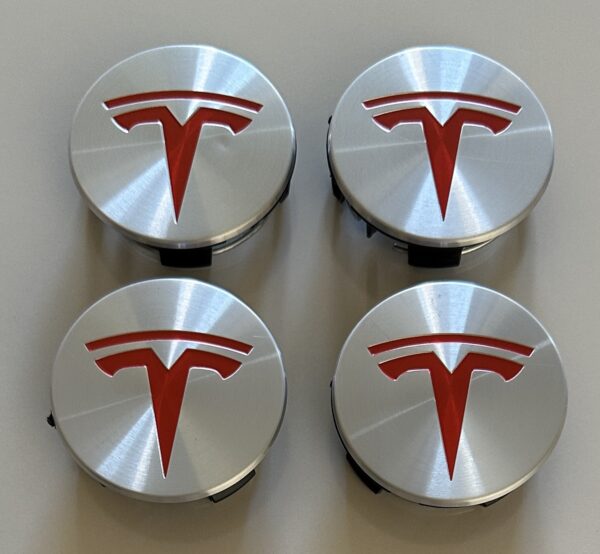4 pcs (Set) 58mm - 2.28inch Silver & Red Tesla Wheel Center Hub Caps