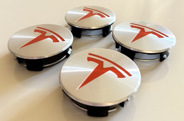 4 pcs (Set) 58mm - 2.28inch Silver & Red Tesla Wheel Center Hub Caps